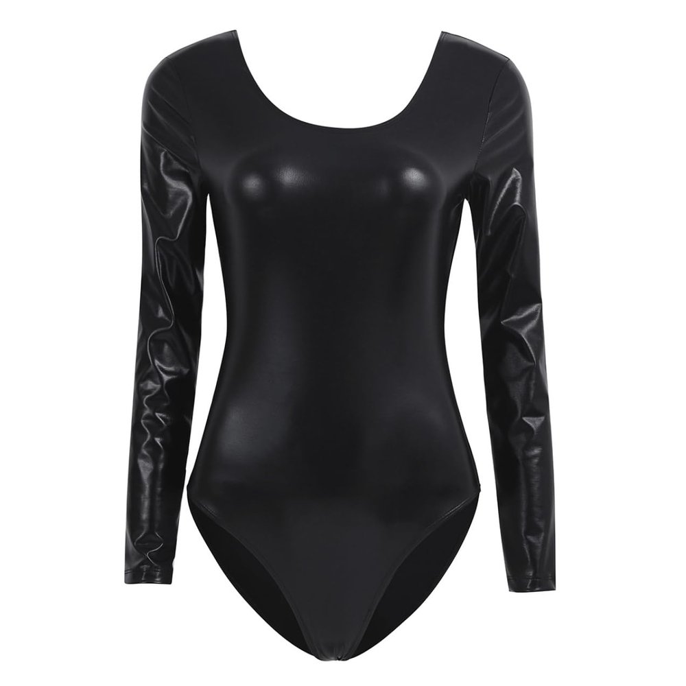 Hedmy Women's Shiny Metallic One Piece Gymnastics Leotard Long Sleeve Athletic Dancewear Bodysuit Black Small