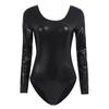 Hedmy Women's Shiny Metallic One Piece Gymnastics Leotard Long Sleeve Athletic Dancewear Bodysuit Black Small view 1