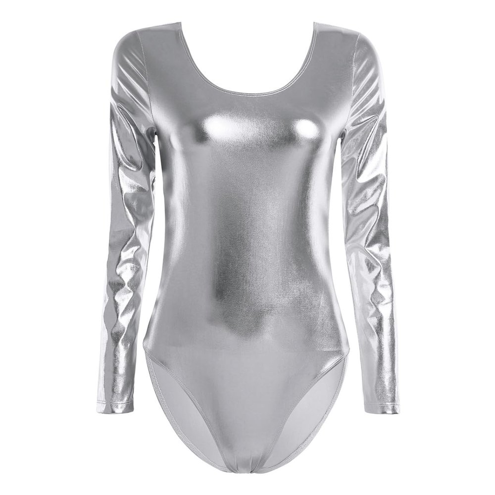 Hedmy Women's Shiny Metallic One Piece Gymnastics Leotard Long Sleeve Athletic Dancewear Bodysuit Silver Large