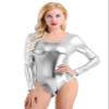 Hedmy Women's Shiny Metallic One Piece Gymnastics Leotard Long Sleeve Athletic Dancewear Bodysuit Silver Large view 2