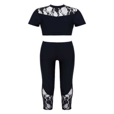 Aislor Youth Girls Ballet Dance Athletic Sport Outfit Lace Crop Top with Leggings Gymnastic Workout Tracksuit 2Pcs Set Black 6 Years