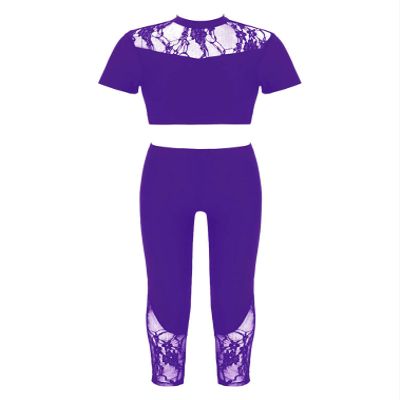 easyforever Kids Girls 2 Piece Ballet Dance Athletic Outfit Lace Crop Top with Leggings Gymnastic Workout Tracksuit Set Purple 12 Years