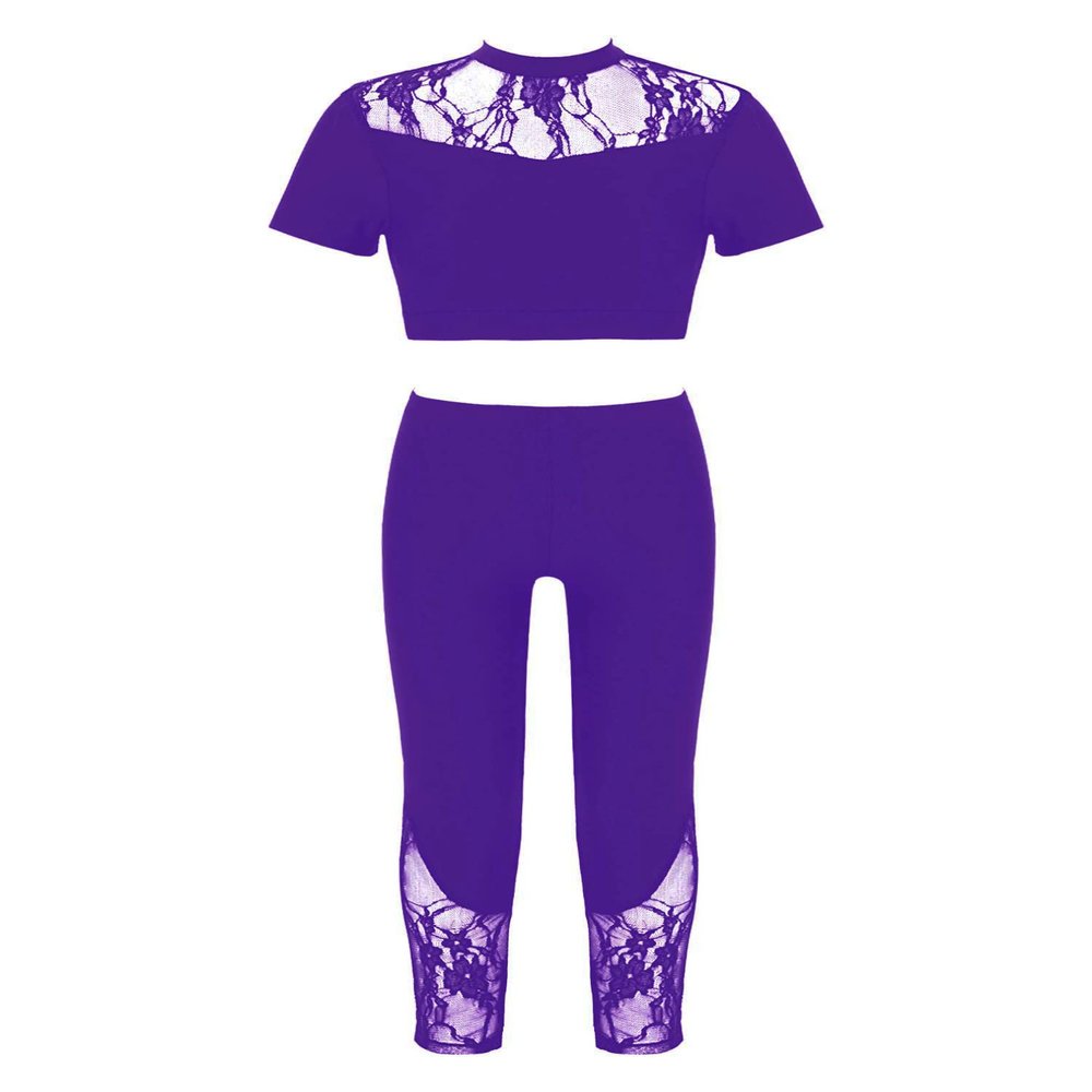 easyforever Kids Girls 2 Piece Ballet Dance Athletic Outfit Lace Crop Top with Leggings Gymnastic Workout Tracksuit Set Purple 12 Years