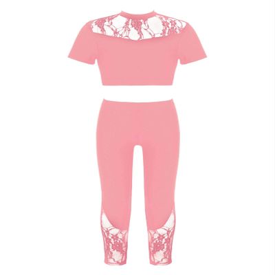 easyforever Kids Girls 2 Piece Ballet Dance Athletic Outfit Lace Crop Top with Leggings Gymnastic Workout Tracksuit Set Pink 12 Years