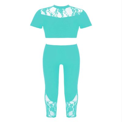 Aislor Youth Girls Ballet Dance Athletic Sport Outfit Lace Crop Top with Leggings Gymnastic Workout Tracksuit 2Pcs Set Mint Green 12 Years