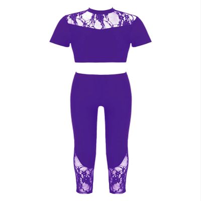 Aislor Youth Girls Ballet Dance Athletic Sport Outfit Lace Crop Top with Leggings Gymnastic Workout Tracksuit 2Pcs Set Purple 12 Years