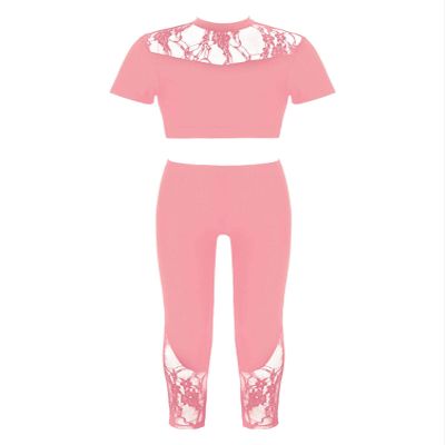 Aislor Youth Girls Ballet Dance Athletic Sport Outfit Lace Crop Top with Leggings Gymnastic Workout Tracksuit 2Pcs Set Pink 14 Years