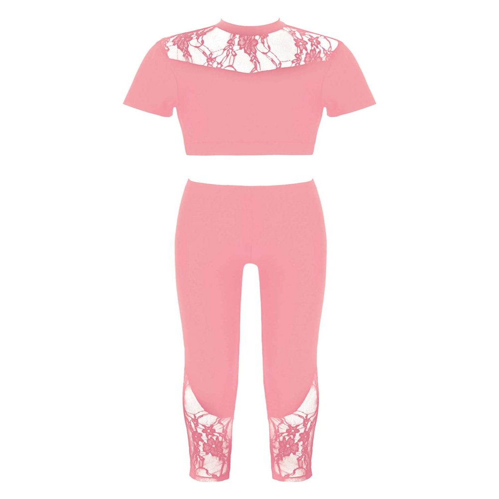 Aislor Youth Girls Ballet Dance Athletic Sport Outfit Lace Crop Top with Leggings Gymnastic Workout Tracksuit 2Pcs Set Pink 14 Years
