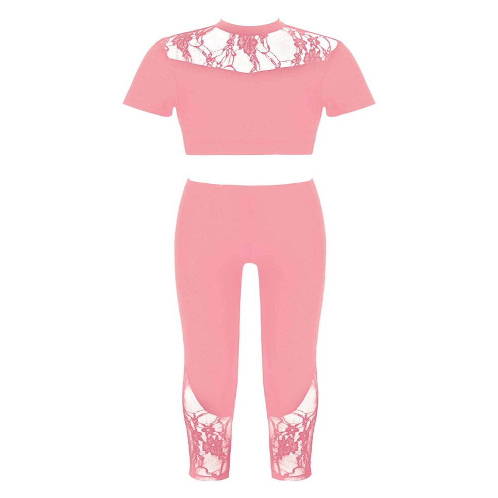 easyforever Kids Girls 2 Piece Ballet Dance Athletic Outfit Lace Crop Top with Leggings Gymnastic Workout Tracksuit Set Pink 14 Years