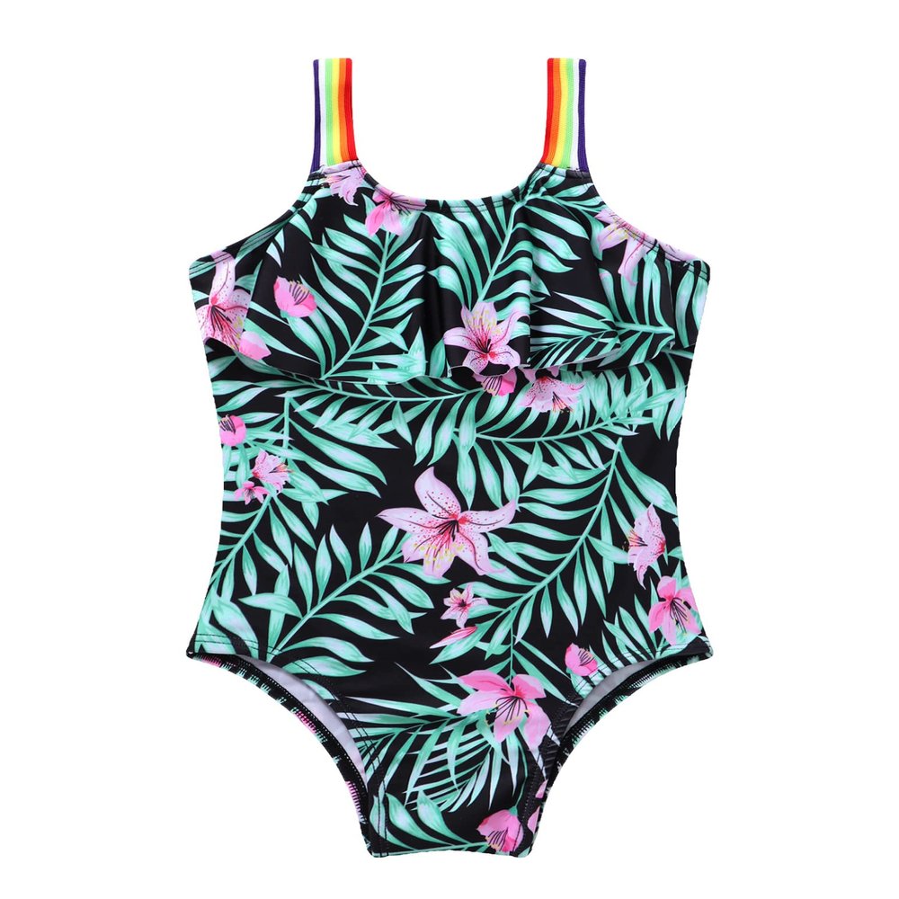 Yartina Kids Girls 2 Pcs Tankini Sets Swimwear Floral Printed Tanks Leotard Bodysuit Quick Dry Bathing Suit Green-Lily 4 Years