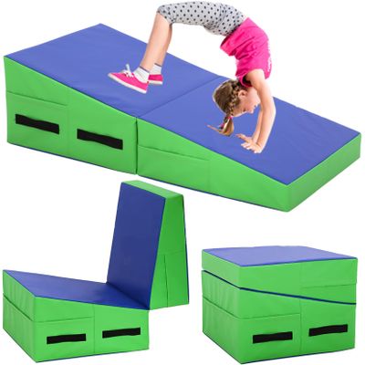 BLKMTY Folding Gymnastics Mat, 48" x 24" Incline Mats Tumbling Cheese Wedge Mat Kids Cheese Pad Indoor/Outdoor Exercise Yoga Mats for Home Gym with Non-Slip Pvc Surface and Handle, Blue