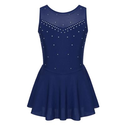 JEEYJOO Kids Girls Figure Ice Skating Dress Halter Neck Rhinestone Tutu Skirted Ballet Dance Leotard Dancewear Z1 Sleeveless Navy Blue 6