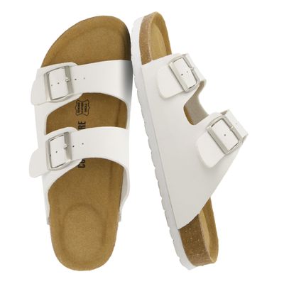 CUSHIONAIRE Lane Cork Footbed Mens Sandals, Adjustable Buckle Comfort Slides for Men, Genuine Leather Insole Summer Sandals Men Footwear, WHITE 8
