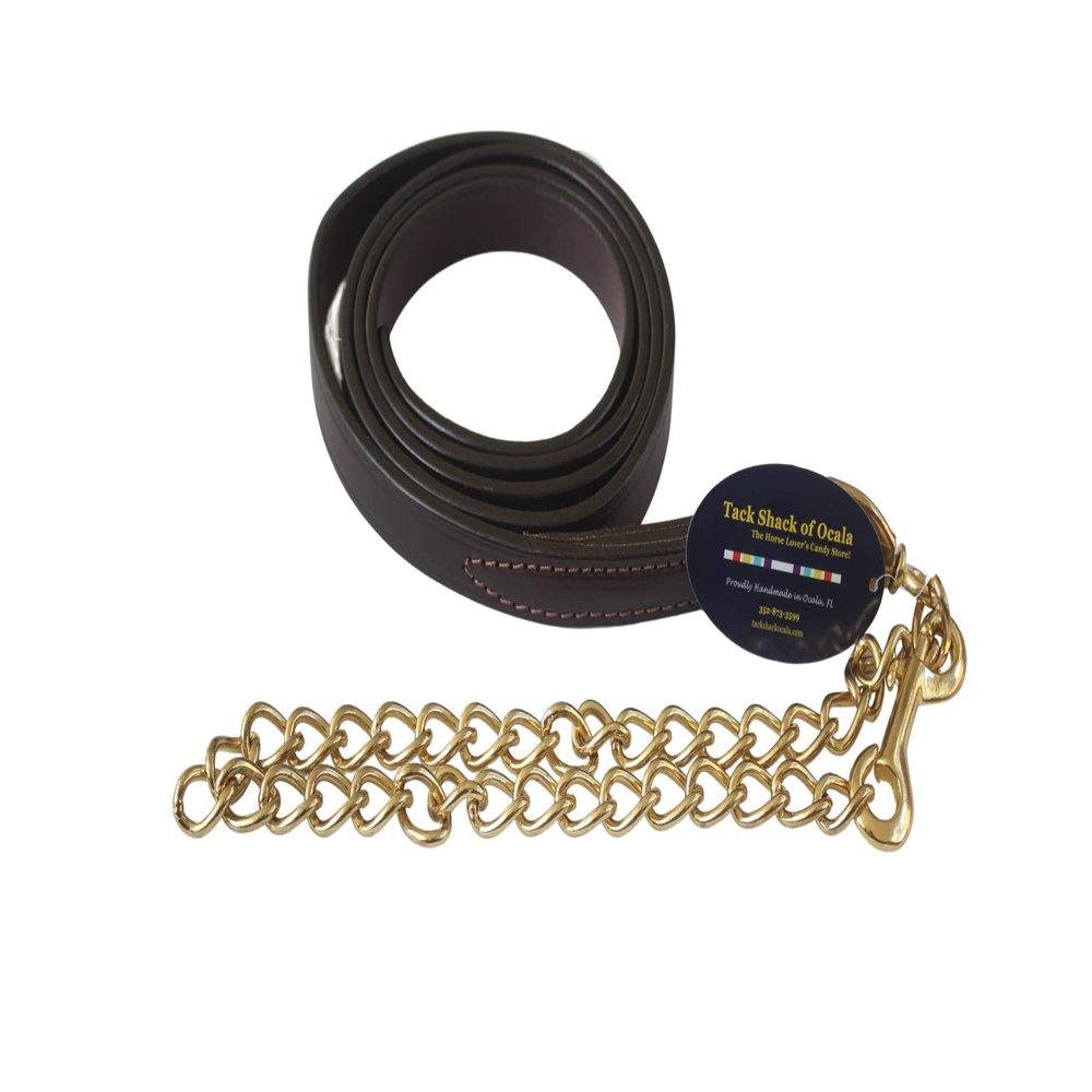 Tack Shack Leather Lead, Single ply, snap or 30 inch Chain, Lead Rope, Lead line, Quality Leather Lead, Brass Plate, Custom Lead Rope. (Brown and Brass Leather Lead with 30 Inch Shank)