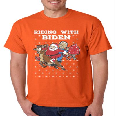 Funny Joe Biden Shirt Riding Santa Ugly Christmas Sweater Men T Shirt (S, Orange)