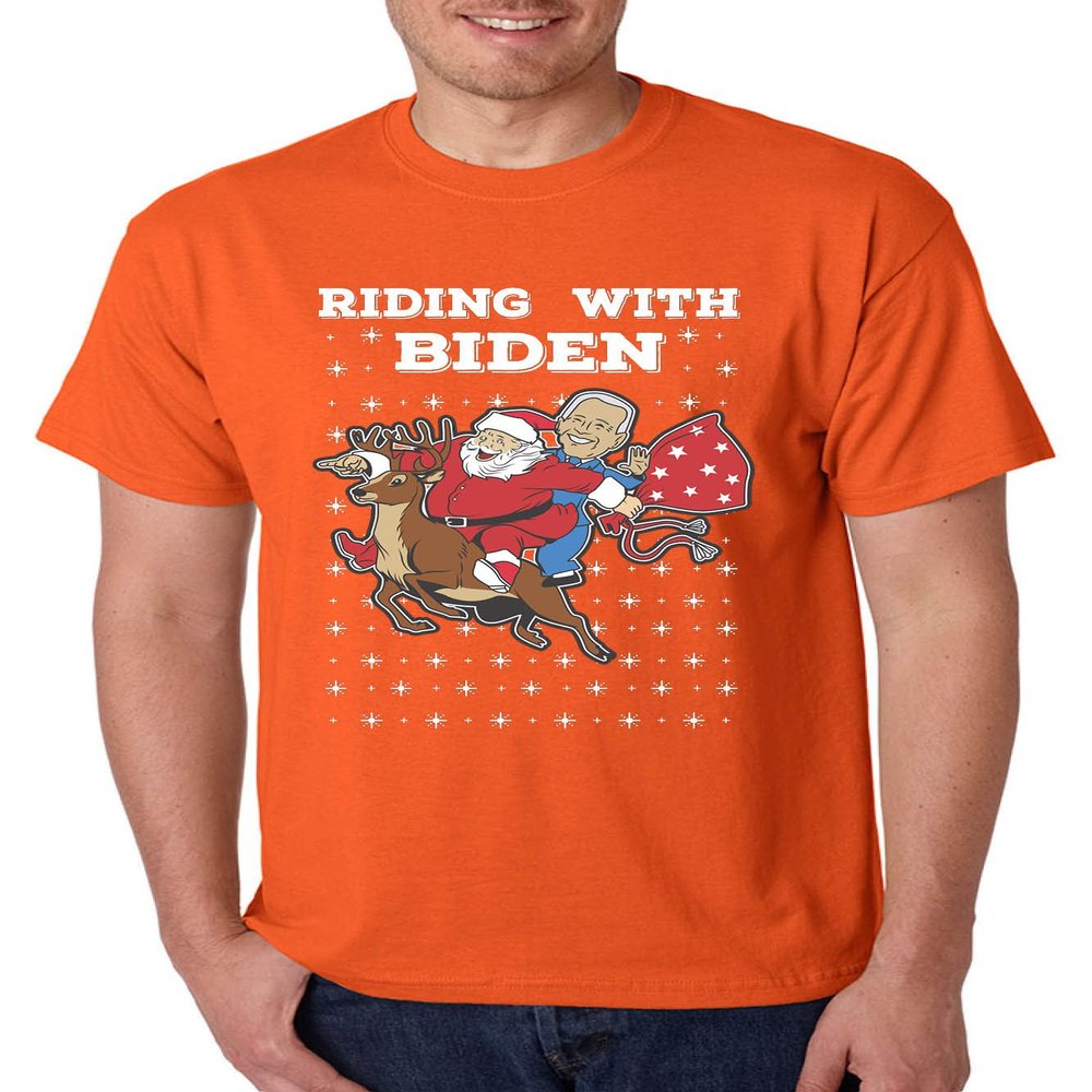 Funny Joe Biden Shirt Riding Santa Ugly Christmas Sweater Men T Shirt (S, Orange)
