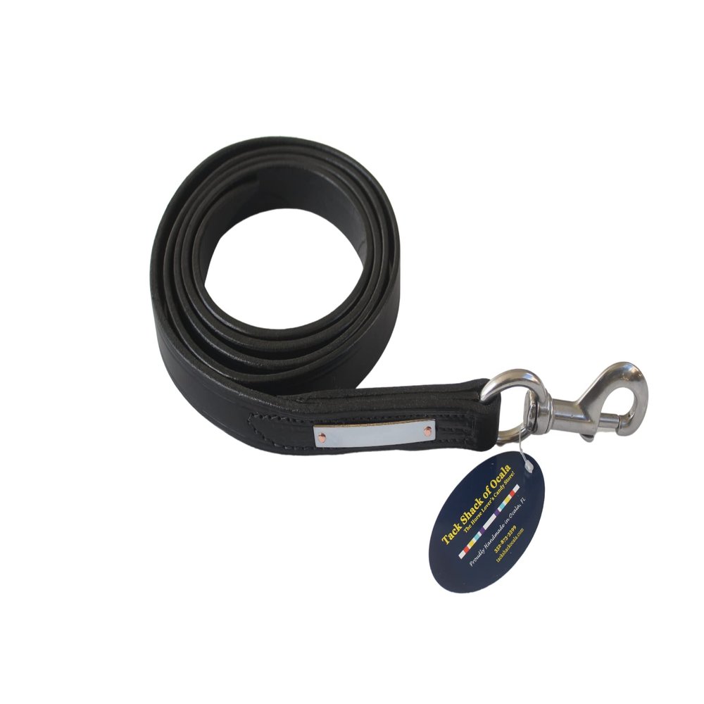 Tack Shack Leather Lead, Single ply, snap or 30 inch Chain, Lead Rope, Lead line, Quality Leather Lead, Brass Plate, Custom Lead Rope. (Black and Chrome Leather Lead with Chrome Snap)