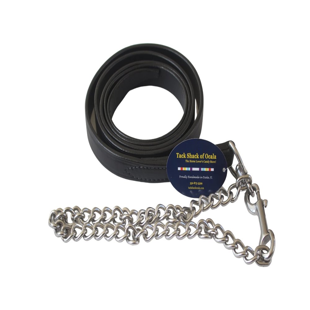 Tack Shack Leather Lead, Single ply, snap or 30 inch Chain, Lead Rope, Lead line, Quality Leather Lead, Brass Plate, Custom Lead Rope. (Black and Chrome Leather Lead with 30 Inch Shank)
