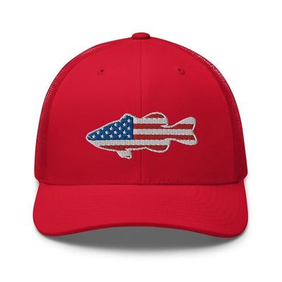 Gunner Gear Fishing Hat Bass Fish American Flag Embroidered Snapback Trucker Red Hat