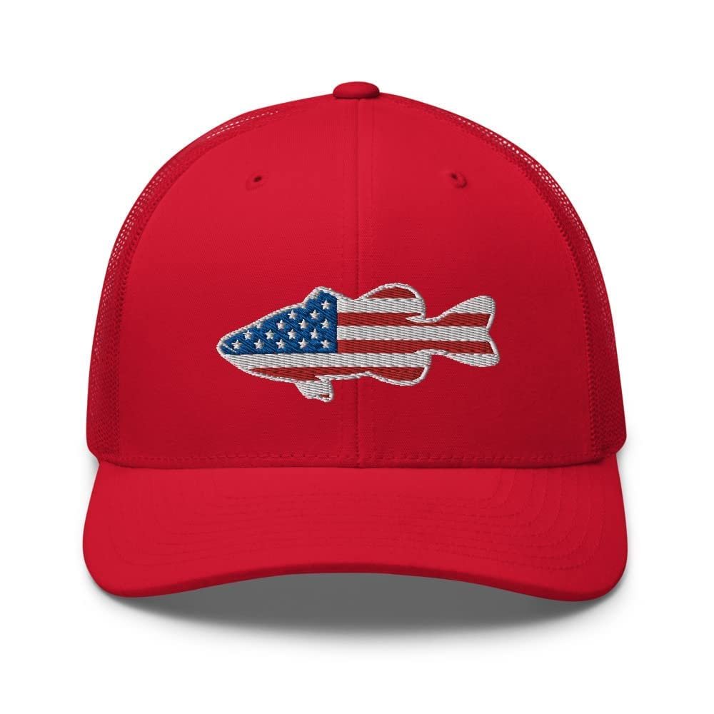 Gunner Gear Fishing Hat Bass Fish American Flag Embroidered Snapback Trucker Red Hat