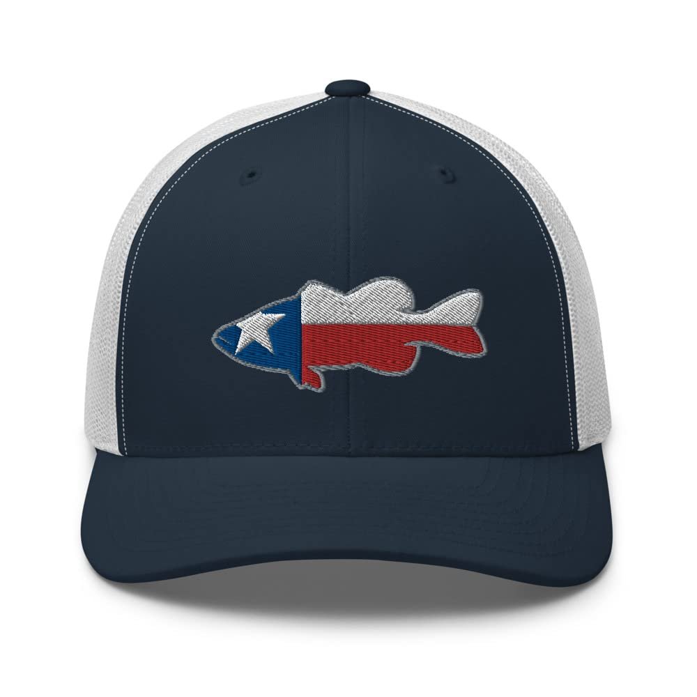 Gunner Gear Fishing Hat Bass Fish Texas Flag Embroidered Snapback Trucker Hat Navy/White