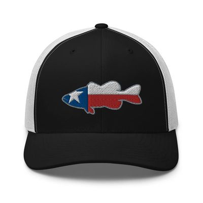 Gunner Gear Fishing Hat Bass Fish Texas Flag Embroidered Snapback Trucker Hat Black/White