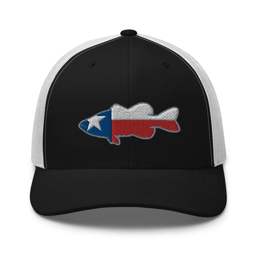 Gunner Gear Fishing Hat Bass Fish Texas Flag Embroidered Snapback Trucker Hat Black/White