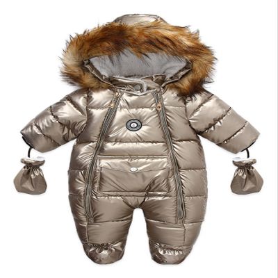 Bestgift Winter Thicken PU Fur Collar Children's One-piece Baby One-piece Clothes Thicken Warm Romper gold 90