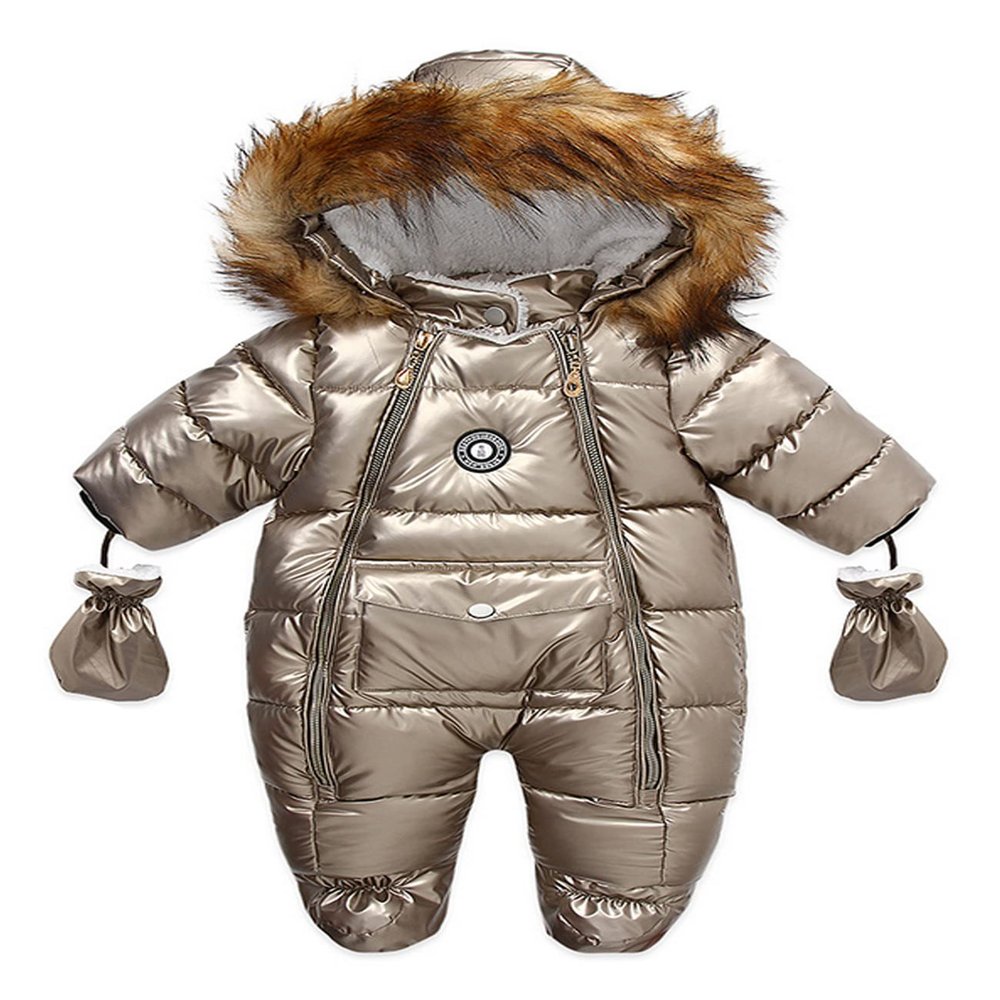 Bestgift Winter Thicken PU Fur Collar Children's One-piece Baby One-piece Clothes Thicken Warm Romper gold 90