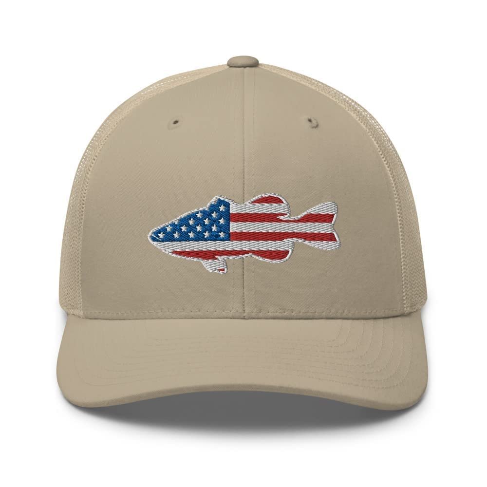 Gunner Gear Fishing Hat Bass Fish American Flag Embroidered Snapback Trucker Khaki Hat