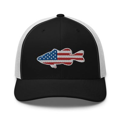 Gunner Gear Fishing Hat Bass Fish American Flag Embroidered Snapback Trucker Black and White Hat