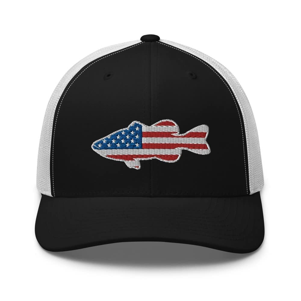 Gunner Gear Fishing Hat Bass Fish American Flag Embroidered Snapback Trucker Black and White Hat