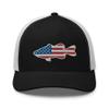 Gunner Gear Fishing Hat Bass Fish American Flag Embroidered Snapback Trucker Black and White Hat view 1