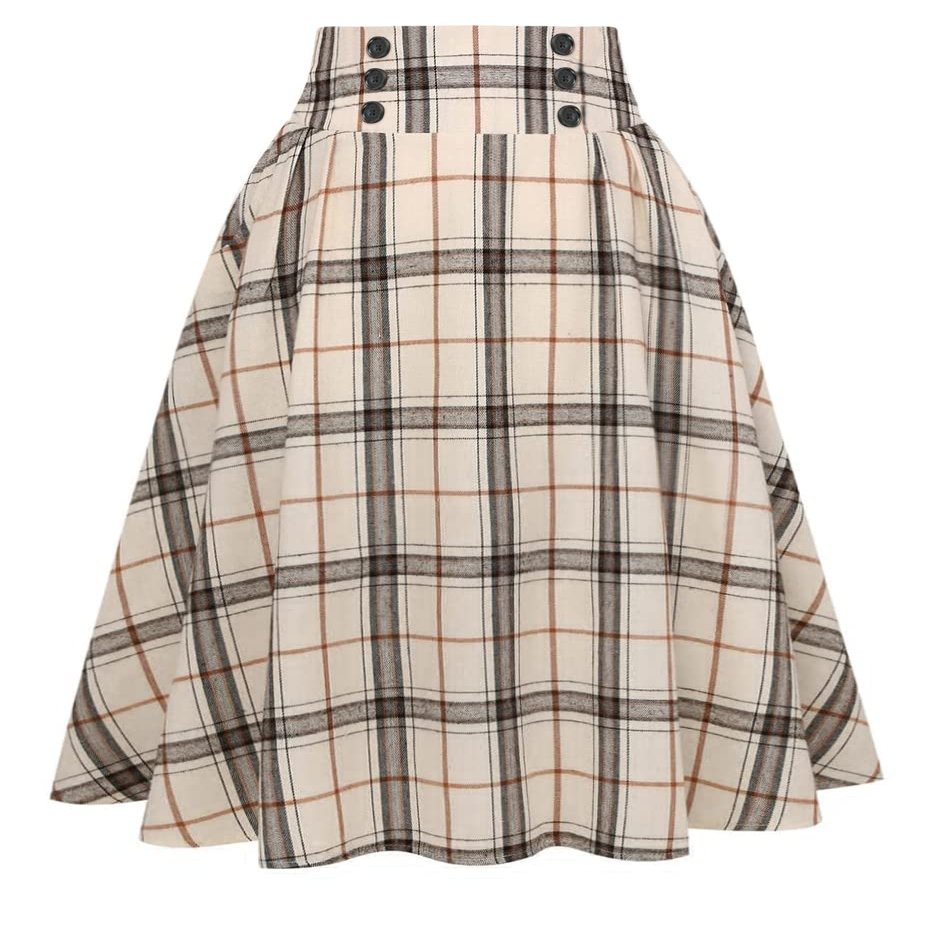 IDEALSANXUN Plaid Skirt for Womens High Waist Aline Pleated Midi Skirts (Beige, Small)
