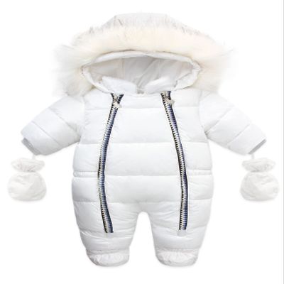 Bestgift Winter clothes thick PU fur collar children's one-piece suit fur collar baby one-piece clothes thick warm romper White 80