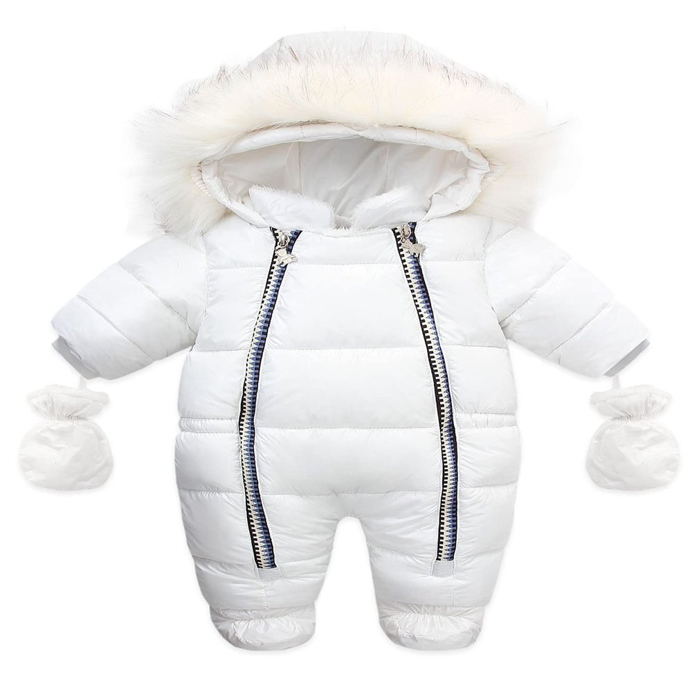 Bestgift Winter clothes thick PU fur collar children's one-piece suit fur collar baby one-piece clothes thick warm romper White 80