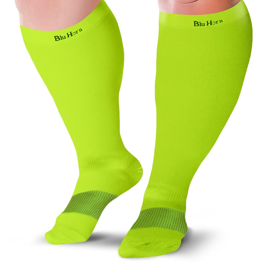 BLU HORN Knee High Compression Socks 15 To 20 mmHg ForEveryday Use Improves Blood Circulation, Relieves Pain & Swelling Size 2X Large, Neon Green, 1 Pair