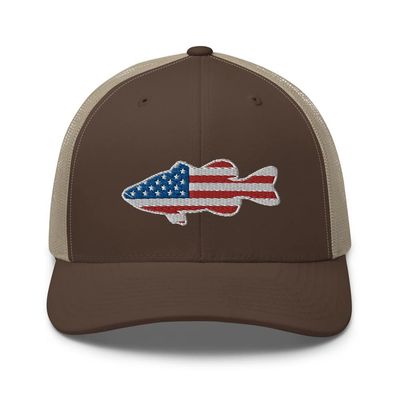 Gunner Gear Fishing Hat Bass Fish American Flag Embroidered Snapback Trucker Brown and Khaki Hat