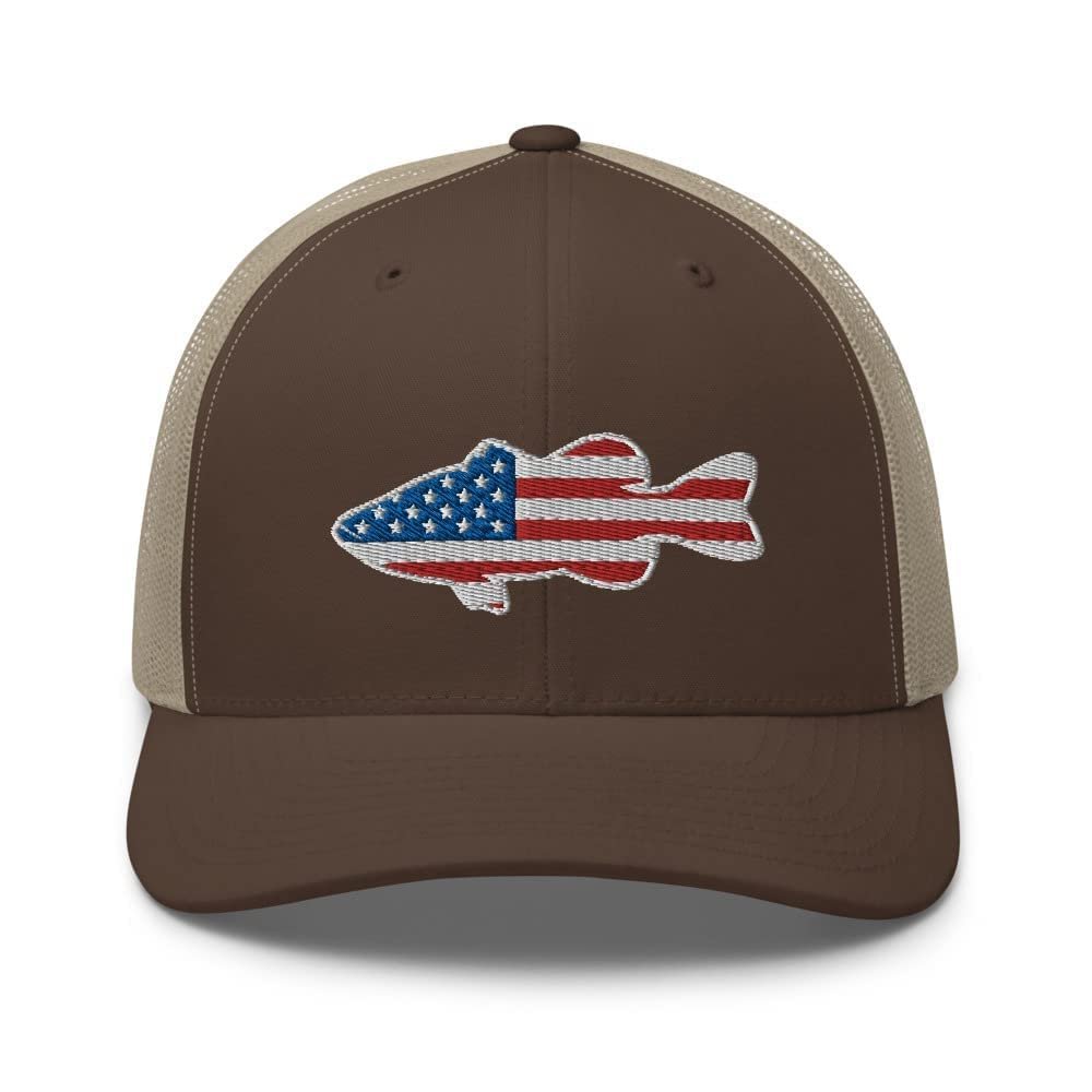 Gunner Gear Fishing Hat Bass Fish American Flag Embroidered Snapback Trucker Brown and Khaki Hat