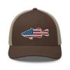 Gunner Gear Fishing Hat Bass Fish American Flag Embroidered Snapback Trucker Brown and Khaki Hat view 1