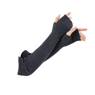 Facecozy Arm Warmers Women, Knit Warm Cashmere Blend Long Fingerless Gloves for Women Cold Weather Mittens with Thumb Hole (Dark Gray, 19.6"/50cm)