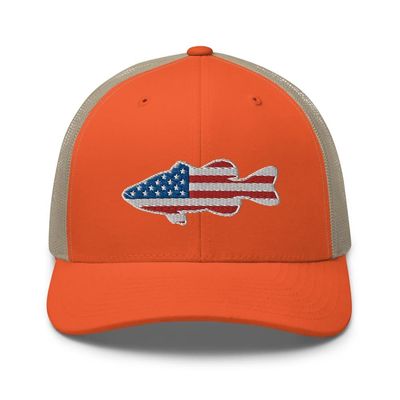 Gunner Gear Fishing Hat Bass Fish American Flag Embroidered Snapback Orange Trucker Hat