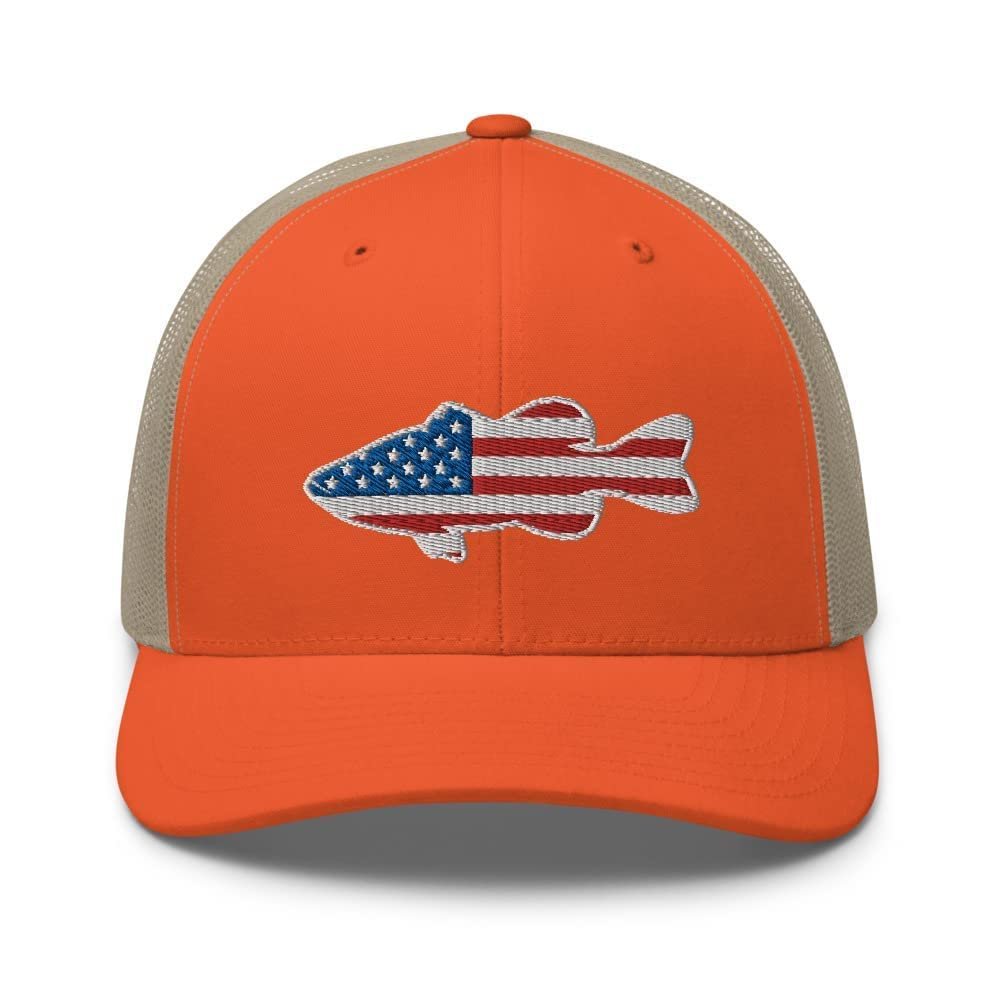 Gunner Gear Fishing Hat Bass Fish American Flag Embroidered Snapback Orange Trucker Hat