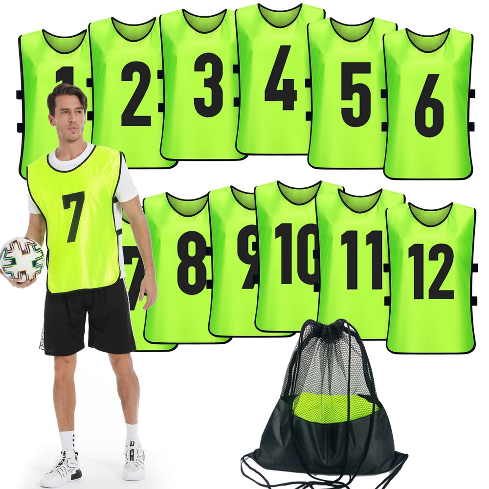 PULUOMASI Scrimmage Training Vest (12 Pack) Team Sports Pinnies Jerseys for Adult Youth Soccer Bibs Numbered Practice Jerseys Green L