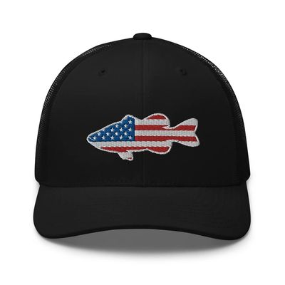 Gunner Gear Fishing Hat Bass Fish American Flag Embroidered Snapback Trucker Black Hat