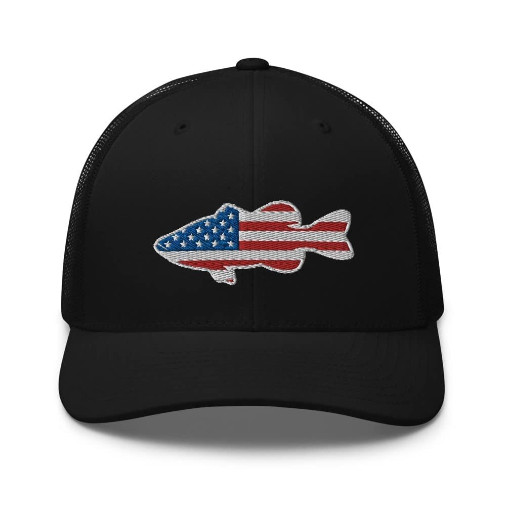 Gunner Gear Fishing Hat Bass Fish American Flag Embroidered Snapback Trucker Black Hat