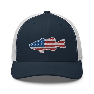 Gunner Gear Fishing Hat Bass Fish American Flag Embroidered Snapback Trucker Navy and White Hat