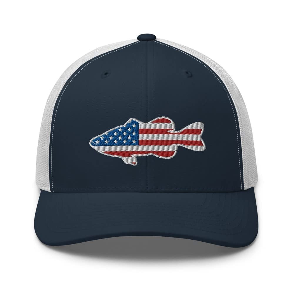Gunner Gear Fishing Hat Bass Fish American Flag Embroidered Snapback Trucker Navy and White Hat