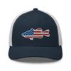 Gunner Gear Fishing Hat Bass Fish American Flag Embroidered Snapback Trucker Navy and White Hat view 1