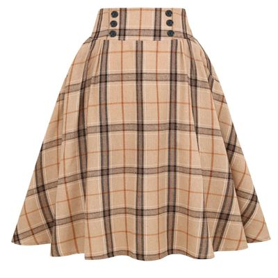 Plaid Skirt for Womens High Waist Aline Pleated Midi Skirts(Khaki, S)